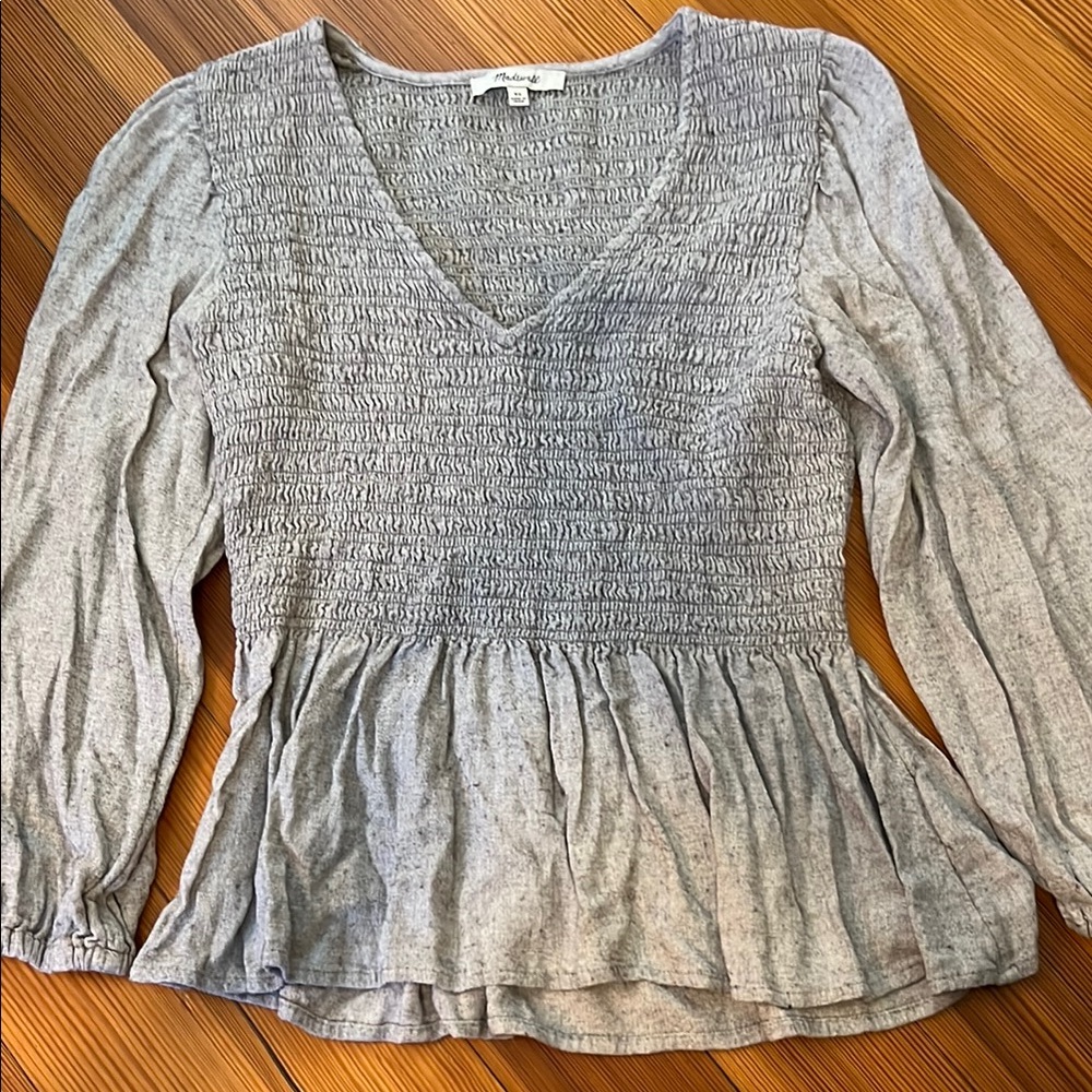 Madewell Gray Smocked Peplum Blouse